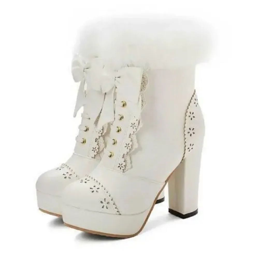 Women’s White Chunky High Heeled Boots Faux Fur Trim Size 39EU (8.5 US) NEW